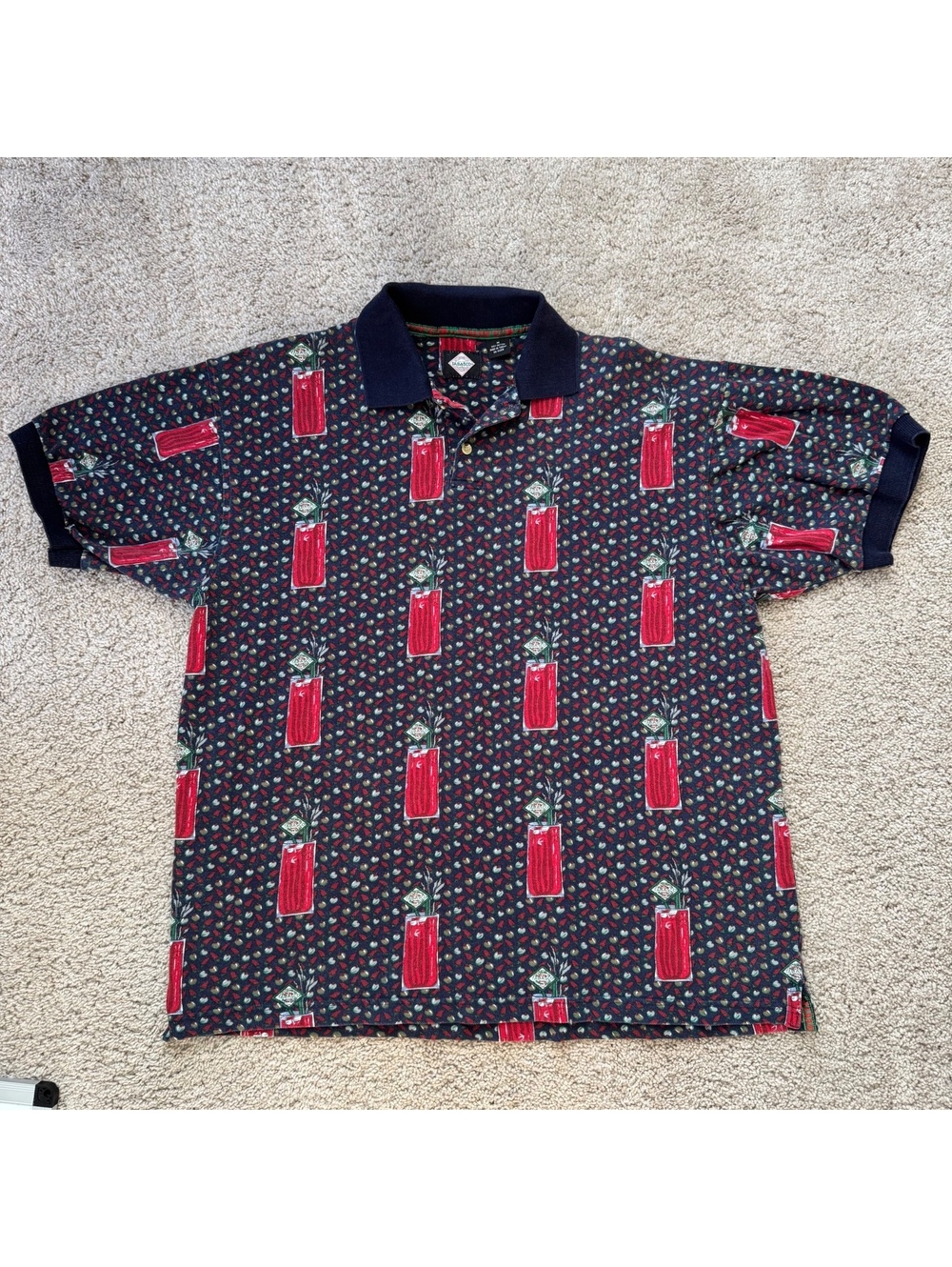Tabasco Polo golf Shirt Mens Medium Multicolor All Over Print Vintage 100%Cotton